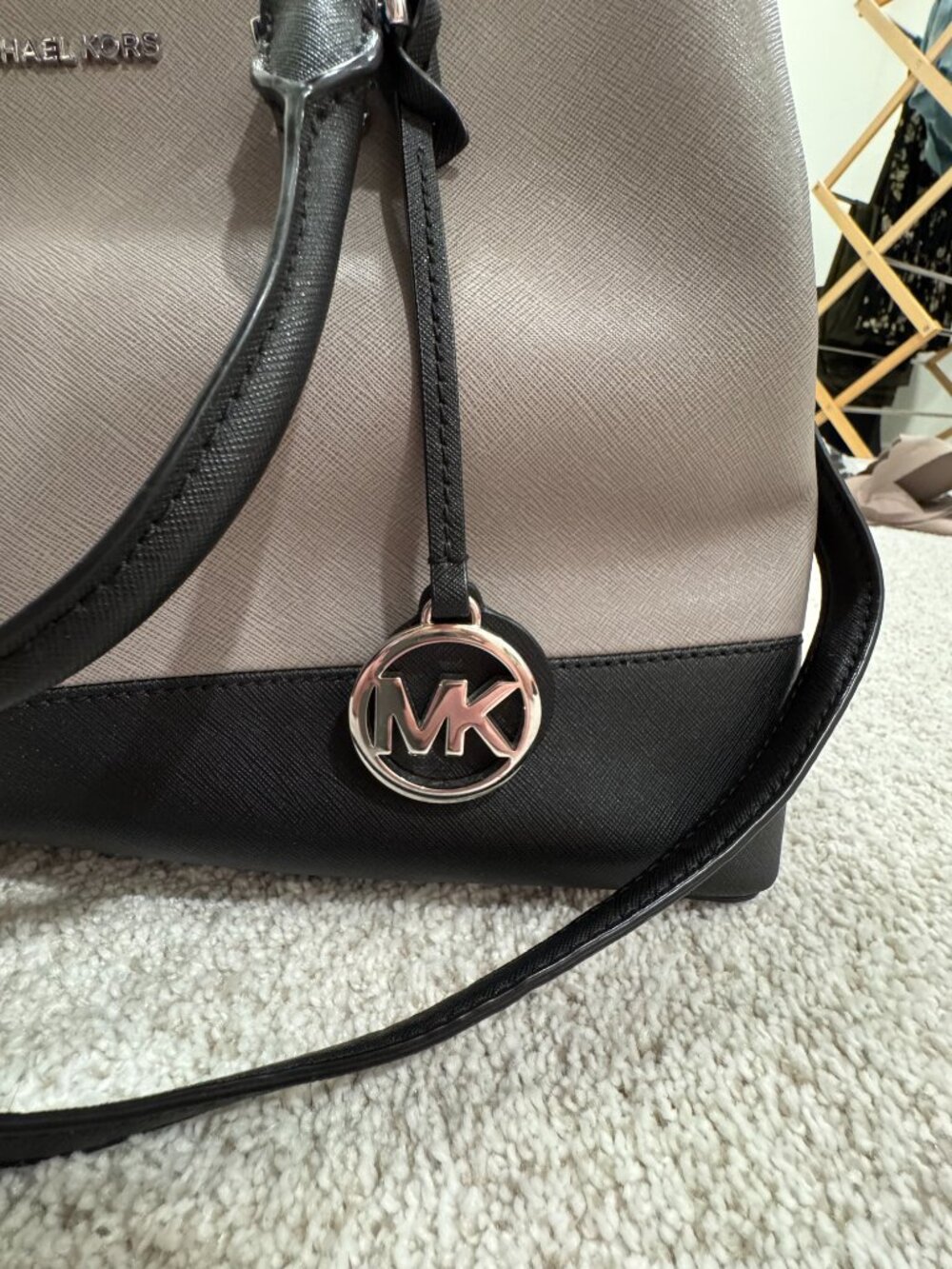 Michael Kors Saffiano Leather Satchel Two-Tone Black & Gray Crossbody Purse - Picture 11 of 11